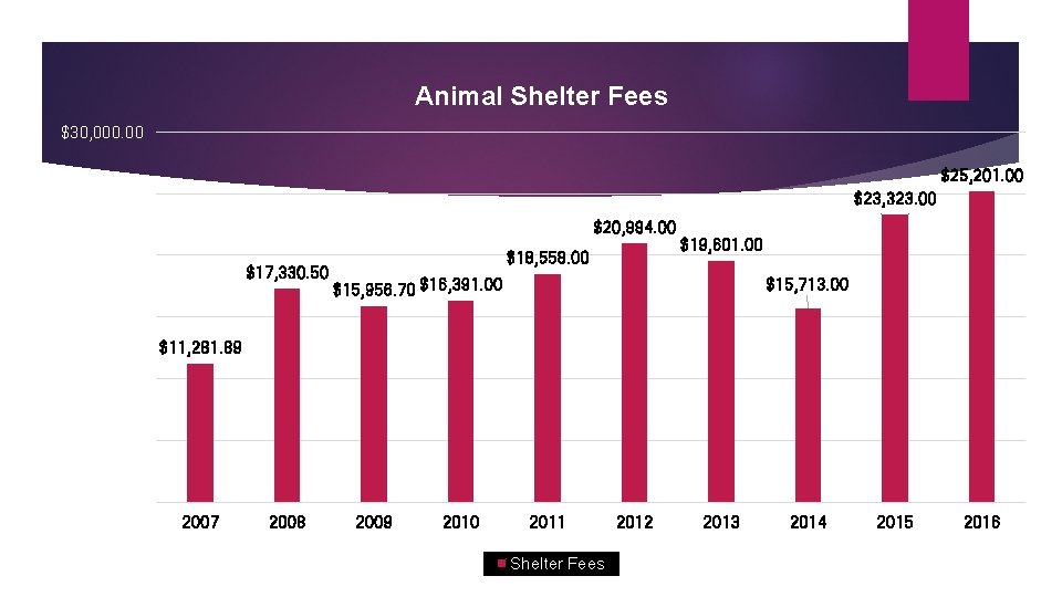 Animal Shelter Fees $30, 000. 00 $25, 201. 00 $25, 000. 00 $23, 323.