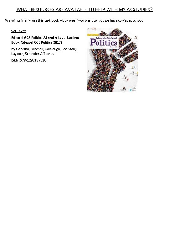 A Level Politics Student Handbook Induction Booklet AS