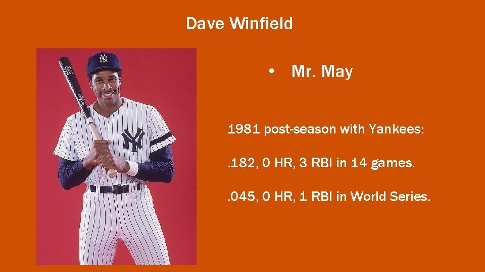 Dave Winfield • Mr. May 1981 post-season with Yankees: . 182, 0 HR, 3