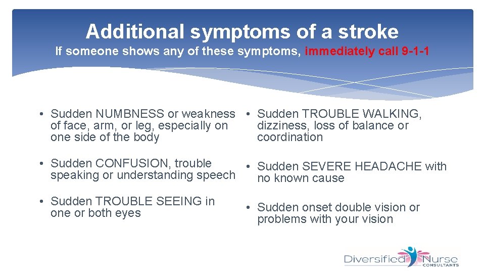 Additional symptoms of a stroke If someone shows any of these symptoms, immediately call
