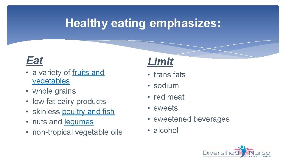Healthy eating emphasizes: Eat Limit • a variety of fruits and vegetables • whole