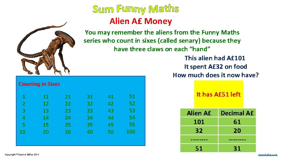 Alien A£ Money You may remember the aliens from the Funny Maths series who