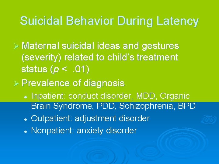 Suicidal Behavior During Latency Ø Maternal suicidal ideas and gestures (severity) related to child’s