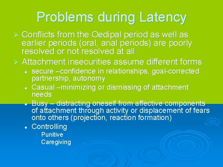Problems during Latency Conflicts from the Oedipal period as well as earlier periods (oral,