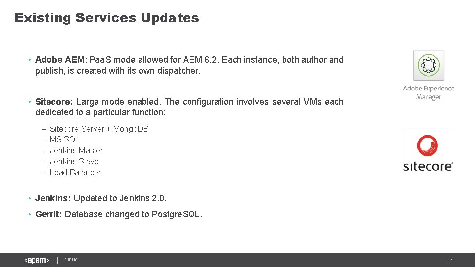 Existing Services Updates • Adobe AEM: Paa. S mode allowed for AEM 6. 2.