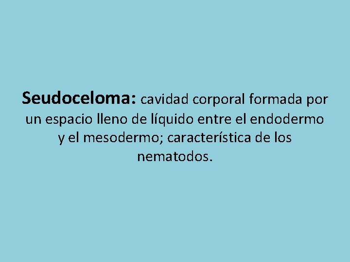 Seudoceloma: cavidad corporal formada por un espacio lleno de líquido entre el endodermo y