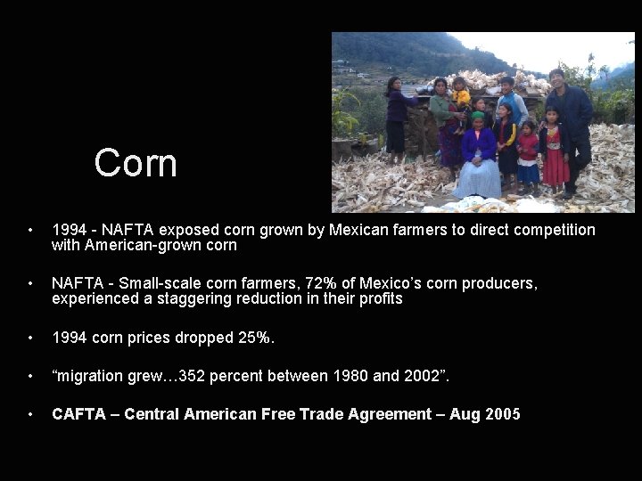 Corn • 1994 - NAFTA exposed corn grown by Mexican farmers to direct competition
