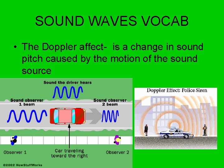 SOUND WAVES VOCAB • The Doppler affect- is a change in sound pitch caused