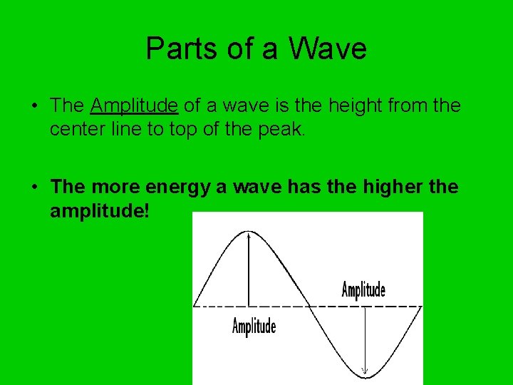 Parts of a Wave • The Amplitude of a wave is the height from