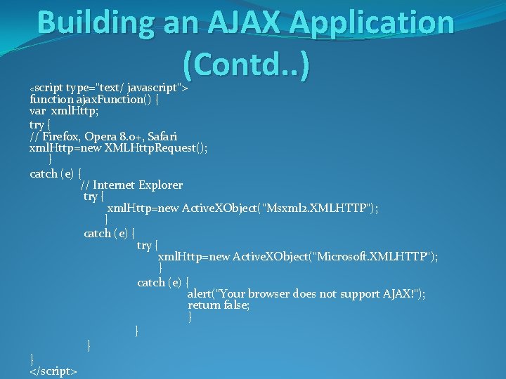 Building an AJAX Application (Contd. . ) <script type="text/ javascript"> function ajax. Function() {