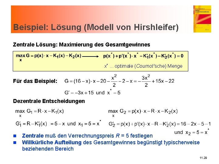 Beispiel: Lösung (Modell von Hirshleifer) Zentrale Lösung: Maximierung des Gesamtgewinnes x*. . . optimale