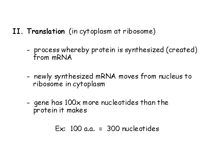 II. Translation (in cytoplasm at ribosome) - process whereby protein is synthesized (created) from