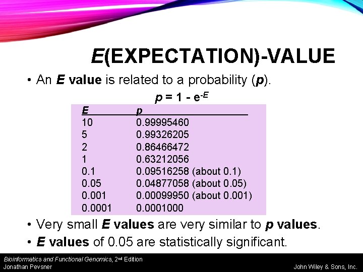 E(EXPECTATION)-VALUE • An E value is related to a probability (p). p = 1