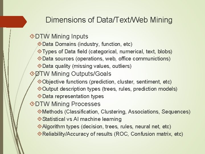 Dimensions of Data/Text/Web Mining DTW Mining Inputs Data Domains (industry, function, etc) Types of