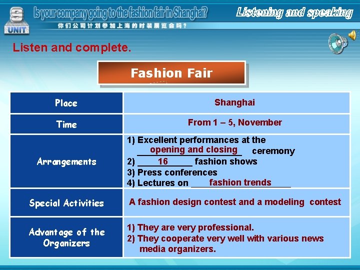Listen and complete. Fashion Fair Place Shanghai Time From 1 – 5, November Arrangements
