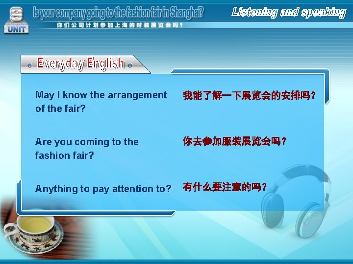 May I know the arrangement of the fair? 我能了解一下展览会的安排吗？ Are you coming to the