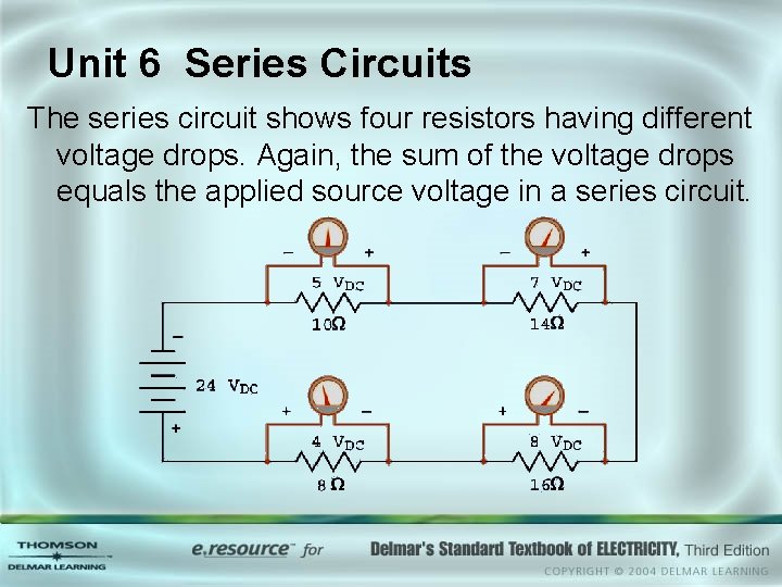 Unit 6 Series Circuits The series circuit shows four resistors having different voltage drops.