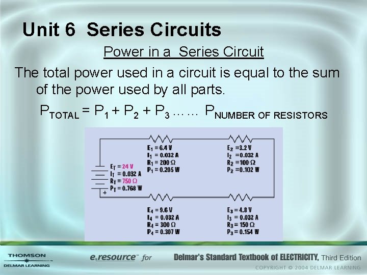 Unit 6 Series Circuits Power in a Series Circuit The total power used in