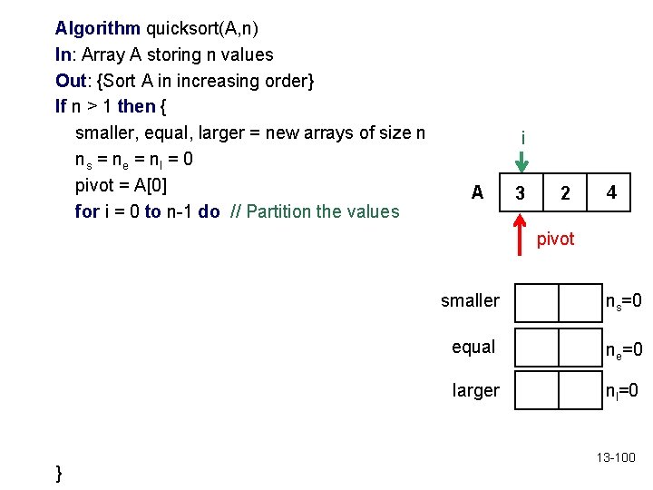 Algorithm quicksort(A, n) In: Array A storing n values Out: {Sort A in increasing