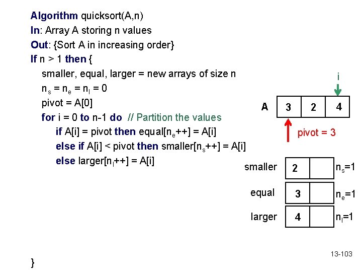 Algorithm quicksort(A, n) In: Array A storing n values Out: {Sort A in increasing