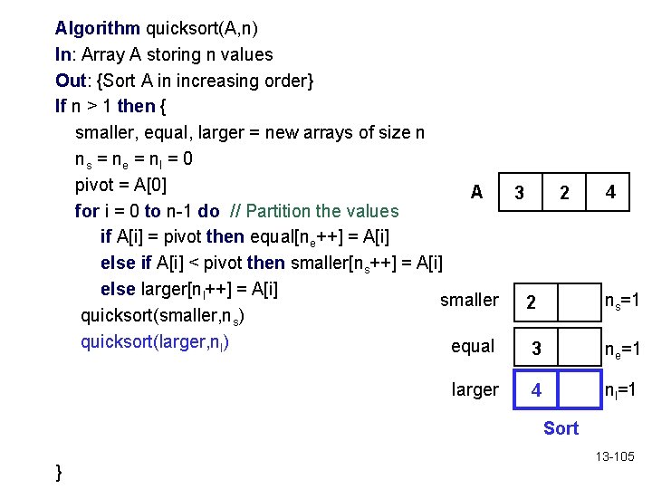 Algorithm quicksort(A, n) In: Array A storing n values Out: {Sort A in increasing