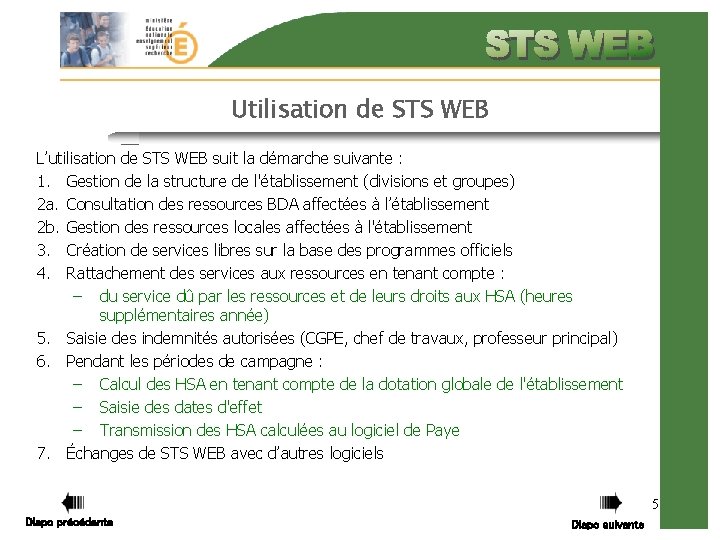 Utilisation de STS WEB L’utilisation de STS WEB suit la démarche suivante : 1.
