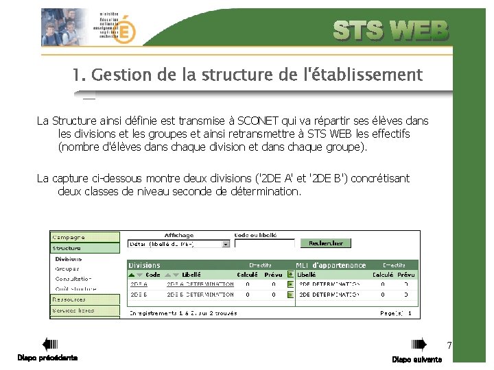 1. Gestion de la structure de l'établissement La Structure ainsi définie est transmise à