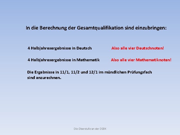 In die Berechnung der Gesamtqualifikation sind einzubringen: 4 Halbjahresergebnisse in Deutsch Also alle vier