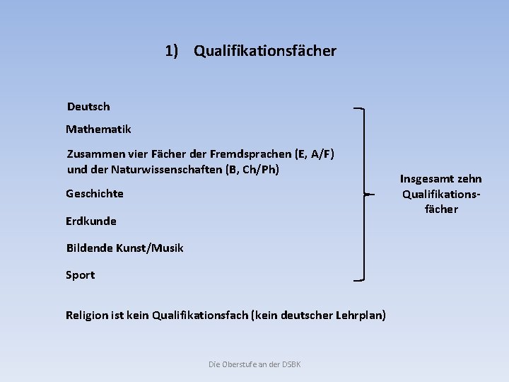 1) Qualifikationsfächer Deutsch Mathematik Zusammen vier Fächer der Fremdsprachen (E, A/F) und der Naturwissenschaften