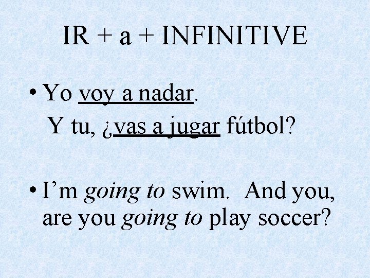 IR + a + INFINITIVE • Yo voy a nadar. Y tu, ¿vas a