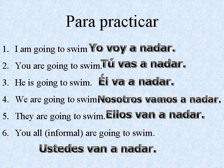 Para practicar 1. I am going to swim Yo voy a nadar. 2. You