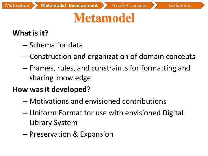 Motivation Metamodel Development Proof of Concept Evaluation Metamodel What is it? – Schema for Motivation Metamodel Development Proof of Concept Evaluation Metamodel What is it? – Schema for