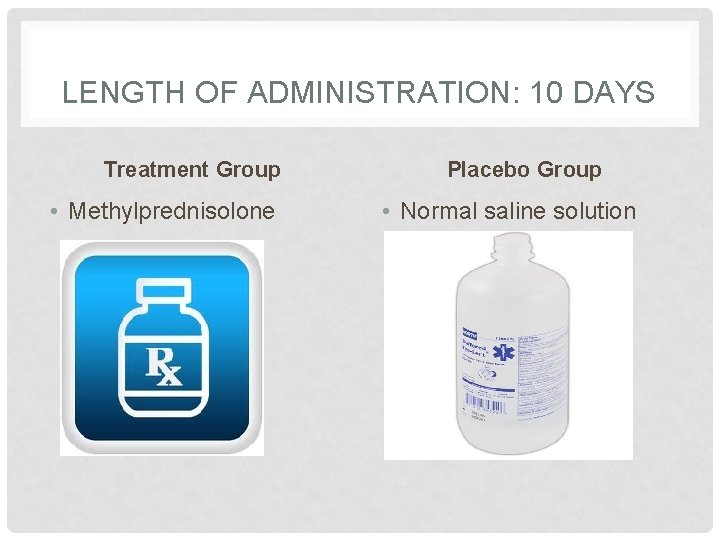 LENGTH OF ADMINISTRATION: 10 DAYS Treatment Group • Methylprednisolone Placebo Group • Normal saline