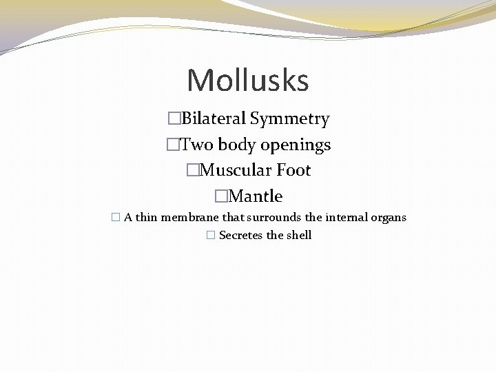 Mollusks �Bilateral Symmetry �Two body openings �Muscular Foot �Mantle � A thin membrane that