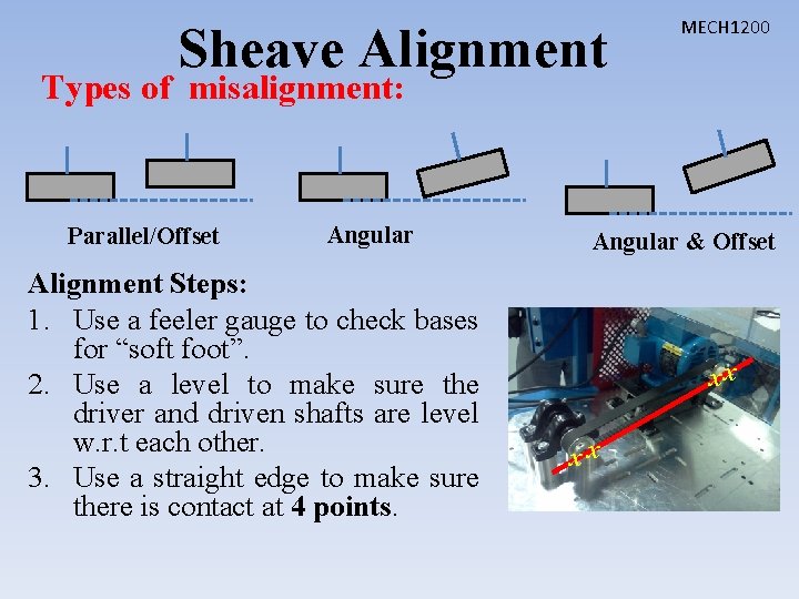 Sheave Alignment MECH 1200 Types of misalignment: Parallel/Offset Angular Alignment Steps: 1. Use a