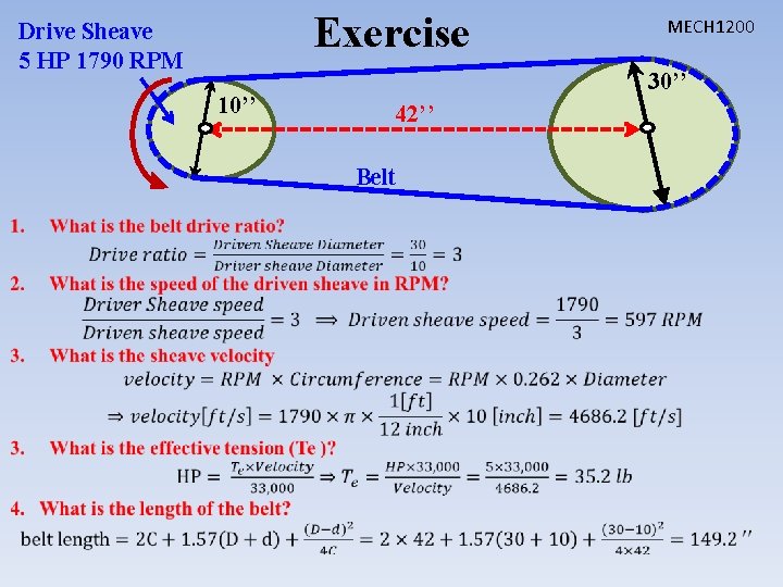 Exercise Drive Sheave 5 HP 1790 RPM 10’’ MECH 1200 30’’ 42’’ Belt 