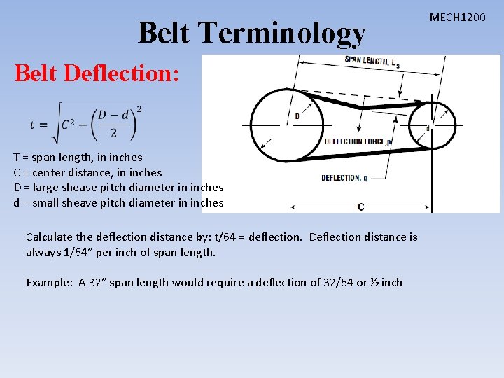 Belt Terminology Belt Deflection: T = span length, in inches C = center distance,