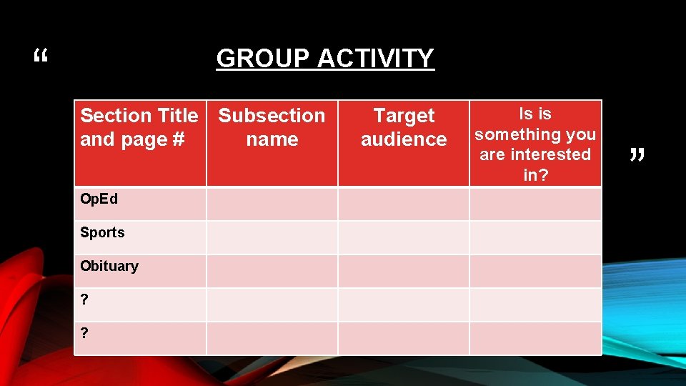 “ GROUP ACTIVITY Section Title Subsection and page # name Op. Ed Sports Obituary