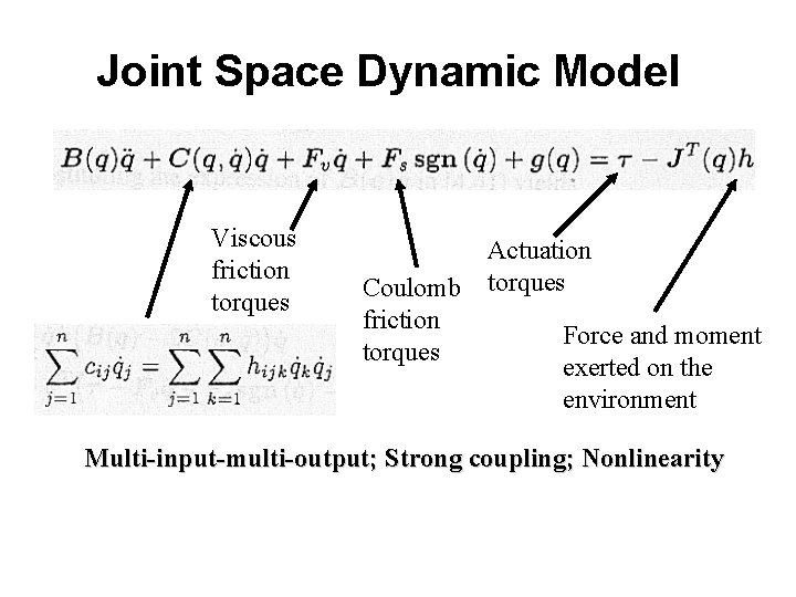 Joint Space Dynamic Model Viscous friction torques Coulomb friction torques Actuation torques Force and