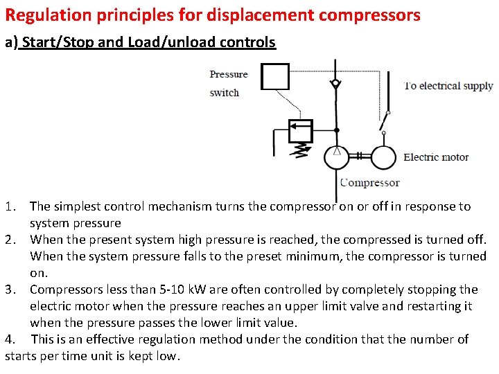 Regulation principles for displacement compressors a) Start/Stop and Load/unload controls 1. The simplest control