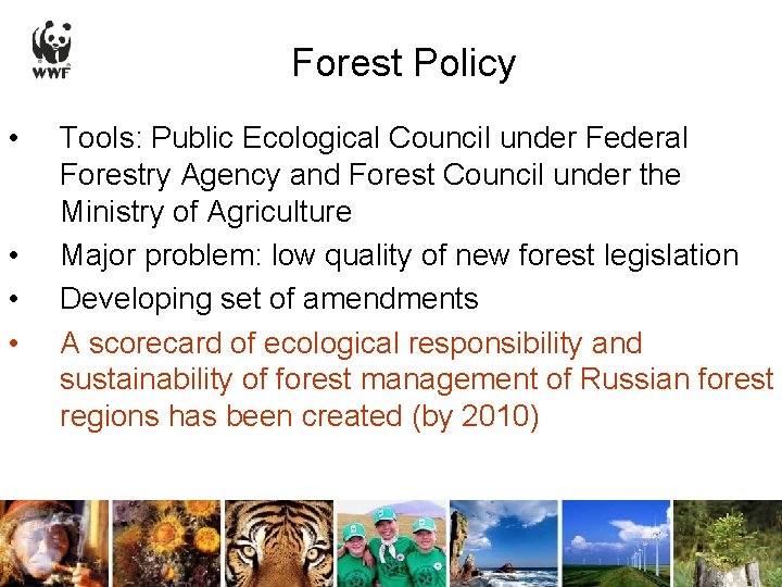 Forest Policy • • Tools: Public Ecological Council under Federal Forestry Agency and Forest