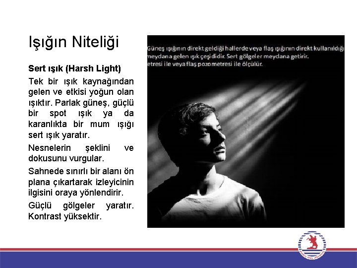 Işığın Niteliği Sert ışık (Harsh Light) Tek bir ışık kaynağından gelen ve etkisi yoğun