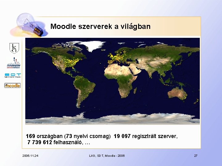 Moodle szerverek a világban 169 országban (73 nyelvi csomag) 19 097 regisztrált szerver, 7