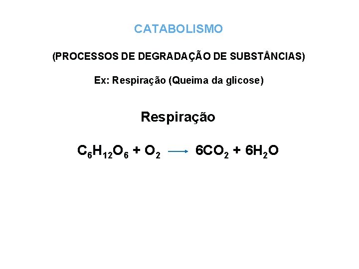 CATABOLISMO (PROCESSOS DE DEGRADAÇÃO DE SUBST NCIAS) Ex: Respiração (Queima da glicose) Respiração C