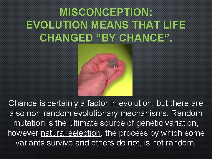 MISCONCEPTION: EVOLUTION MEANS THAT LIFE CHANGED “BY CHANCE”. Chance is certainly a factor in