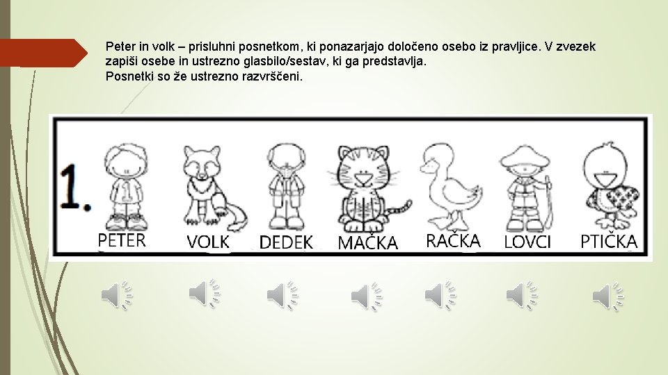 Peter in volk – prisluhni posnetkom, ki ponazarjajo določeno osebo iz pravljice. V zvezek