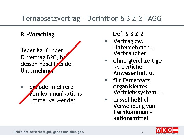 Fernabsatzvertrag – Definition § 3 Z 2 FAGG RL-Vorschlag § Jeder Kauf- oder DLvertrag