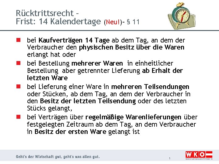Rücktrittsrecht – Frist: 14 Kalendertage (Neu!)– § 11 n bei Kaufverträgen 14 Tage ab