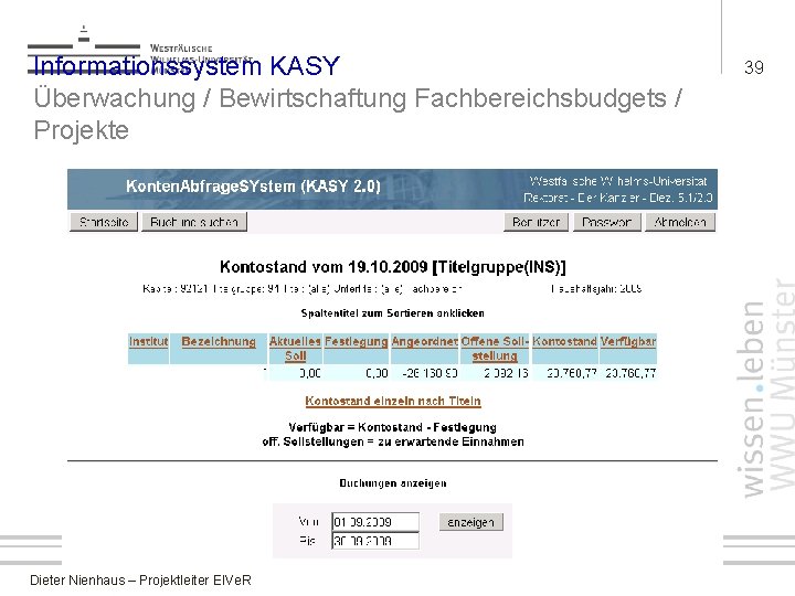 Informationssystem KASY Überwachung / Bewirtschaftung Fachbereichsbudgets / Projekte Dieter Nienhaus – Projektleiter EIVe. R