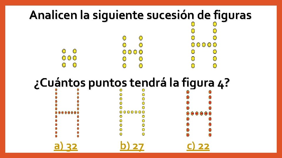 Analicen la siguiente sucesión de figuras ¿Cuántos puntos tendrá la figura 4? a) 32